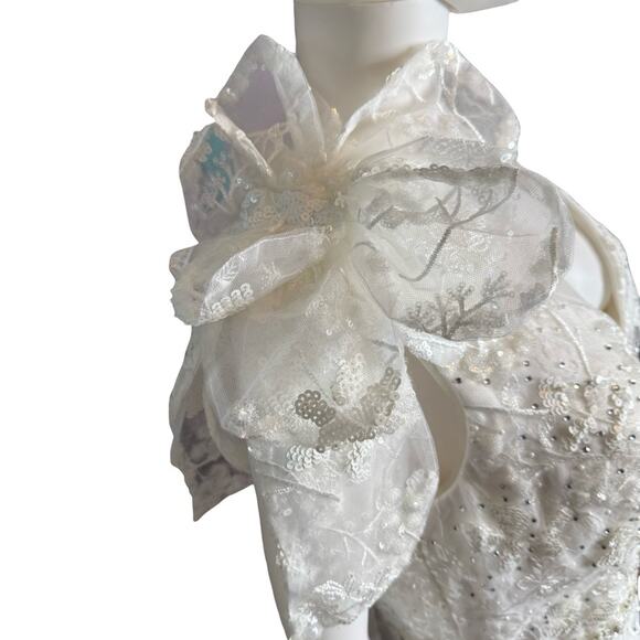 Mac Duggal White Floral Embellished V-neck Midi Dress with Shoulder Bow Sz 14 - Picture 5 of 10